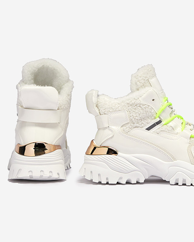 Biele dámske športové tenisky s kožušinou a neónovo zelenými šnúrkami Sagglo- Footwear