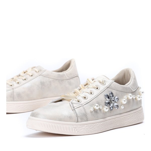 Beżowe tenisówki z perełkami i cyrkoniami Flora - Obuwie