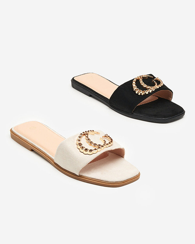 Eko semišové béžové papuče so zlatým ornamentom Hana - Obuv