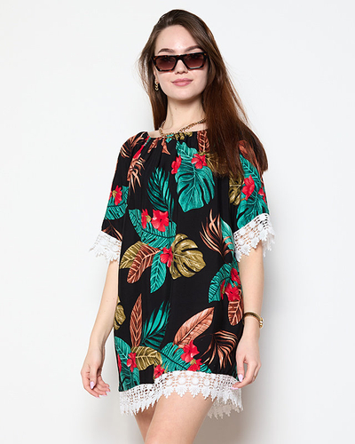 Čierna dámska blúzka s kvetmi PLUS VEĽKOSŤ - Oblečenie