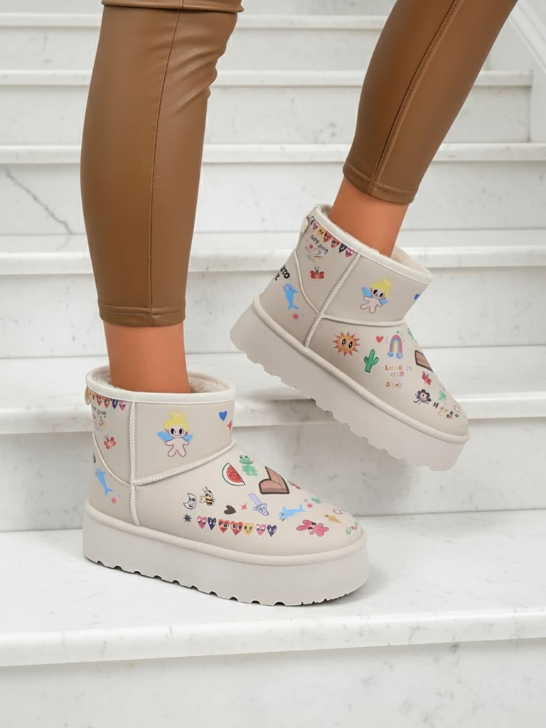 Škornji Lemuria - Kremni snežni škornji Doodle z debelim podplatom Furrini