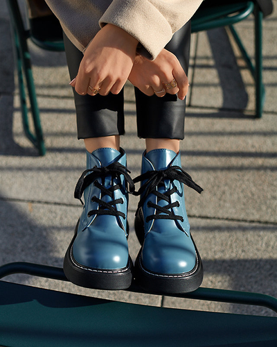 OUTLET Modré dámske šnurovacie čižmy na pevnej podrážke Ekira - Obuv