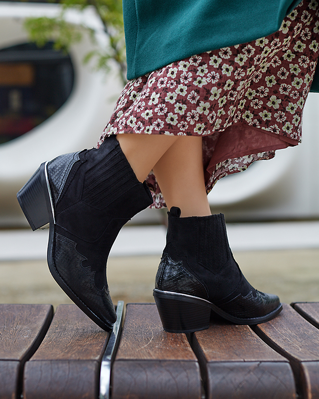 Čierne eko semišové kovbojské čižmy na nízkom stĺpiku Zirras - Obuv