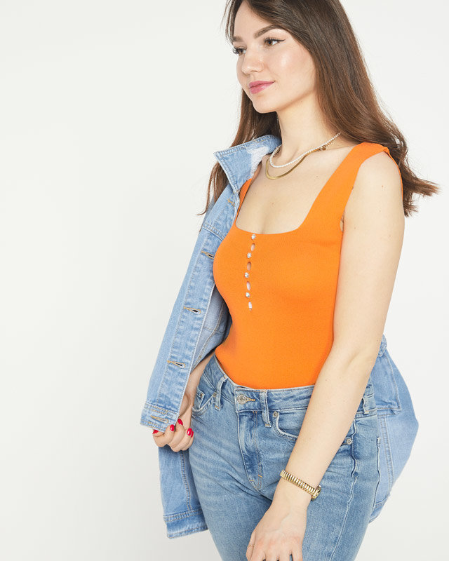 Oranžový dámsky top s kubickými zirkónmi a'la gombíky- Oblečenie