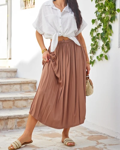 Royalfashion Dámska tkaná midi letná sukňa svetlá a splývavá s dvoma vreckami