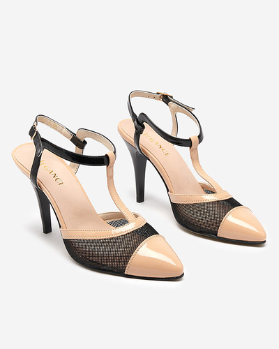 Béžovo-čierne dámske sandále na vysokom podpätku so zakrytými prstami Niddl- Footwear