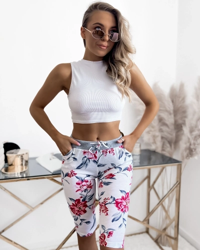 Bielo-ružové 3/4 dámske kraťasy s potlačou PLUS SIZE - Oblečenie