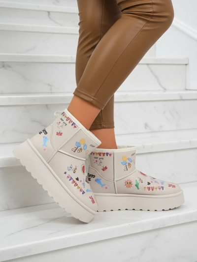 Škornji Lemuria - Kremni snežni škornji Doodle z debelim podplatom Furrini