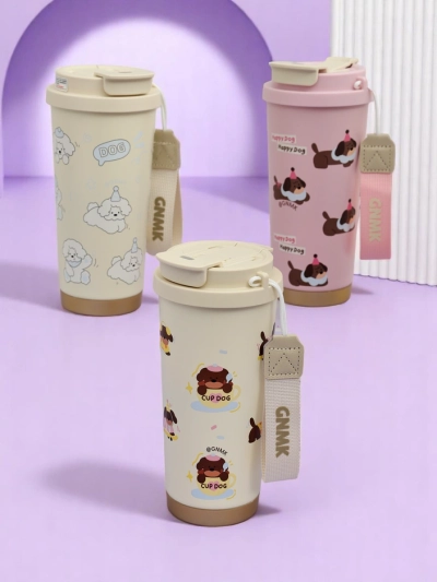 Royalfashion Termohrnček s košíkom, slamkou a výlevkou Happy Dog