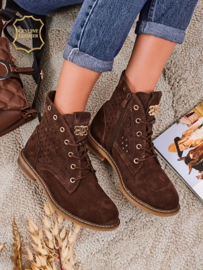 Aurelia Rjavi Semiš Gležnarji s Krznom Odprti Elegantni 2,5cm