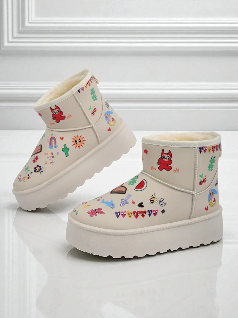 Škornji Lemuria - Kremni snežni škornji Doodle z debelim podplatom Furrini