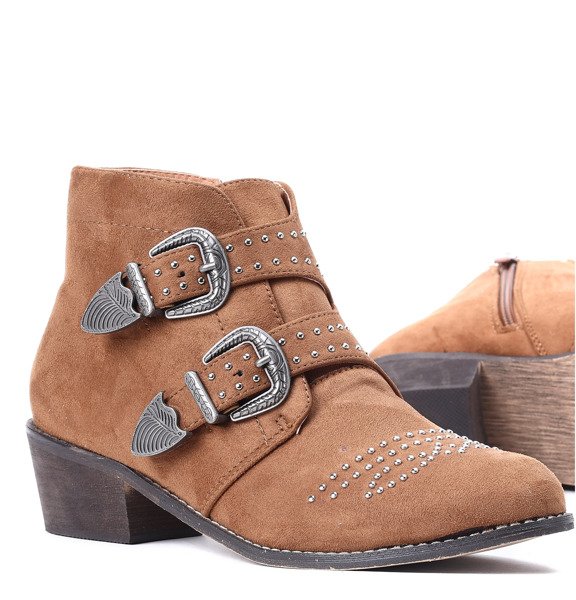 Brązowe botki na obcasie z dżetami Amelie- Obuwie