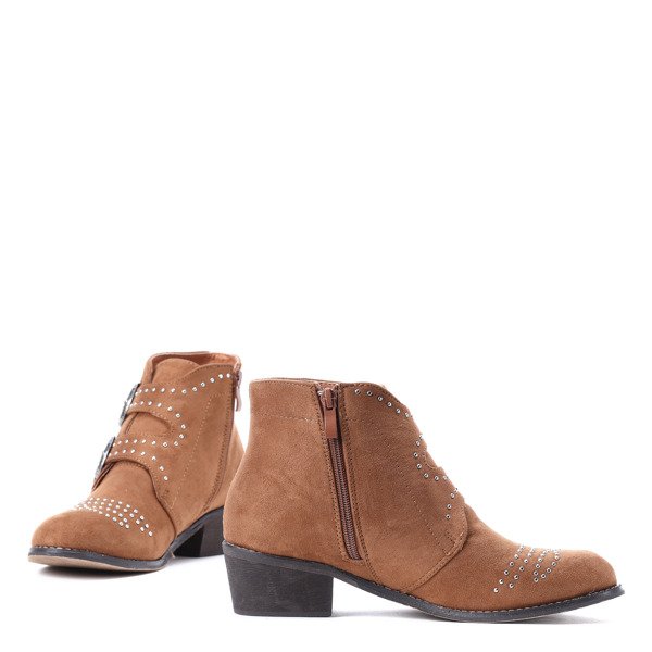 Brązowe botki na obcasie z dżetami Amelie- Obuwie
