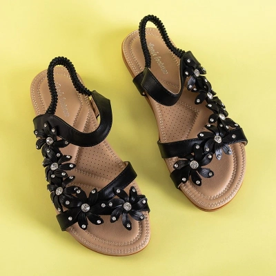 OUTLET Čierne dámske sandále s kvetinami Aflori - Obuv