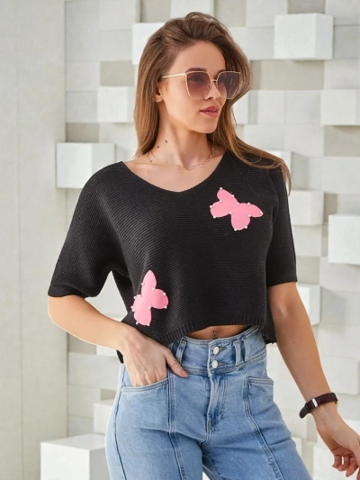 Royalfashion Dámsky bavlnený krátky sveter motýliky