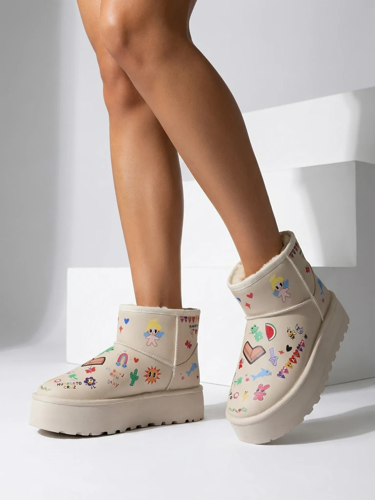 Škornji Lemuria - Kremni snežni škornji Doodle z debelim podplatom Furrini