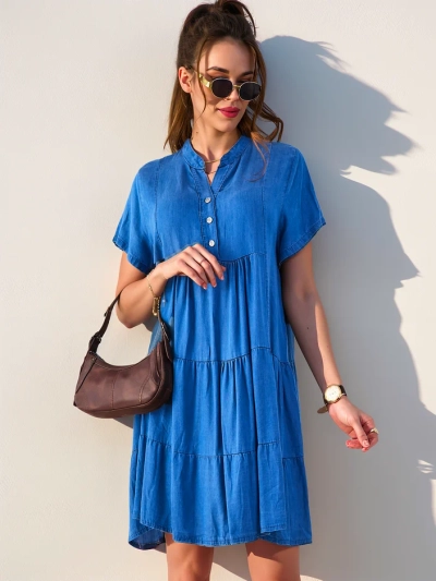 Royalfashion Dámske šaty tunikového strihu s zipovým výstrihom, denim typ