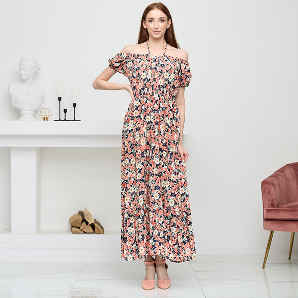 Dlhé tmavomodré dámske šaty s koralovými kvetmi - Oblečenie