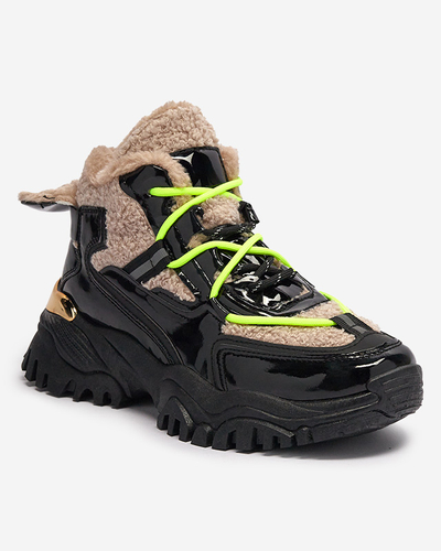 Čierna dámska športová obuv s kožušinou a neónovo žltými šnúrkami Adbo- Footwear