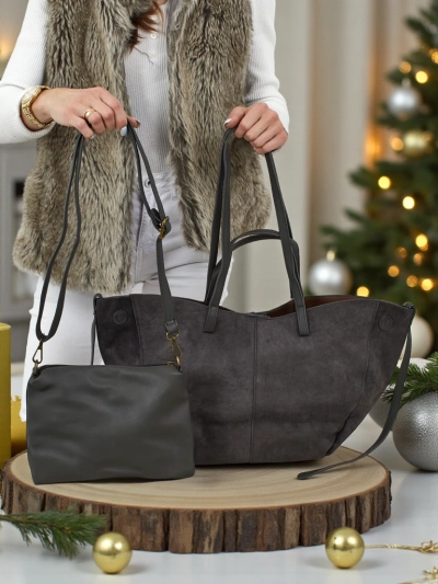 Ženska shopper torba iz eko semiša z manjšo eko usnjeno v kompletu 2v1 Elinea