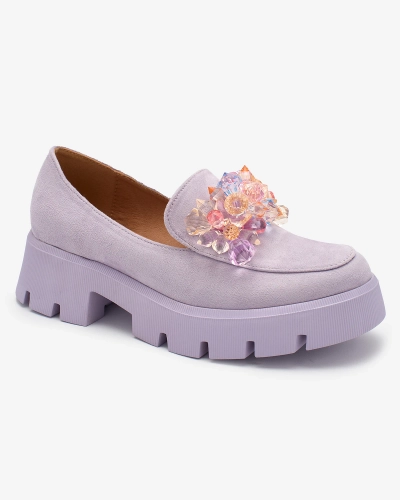 OUTLET Royalfashion Fialové dámske mokasíny s farebnými kryštálmi Crystal Glam