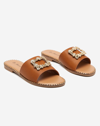 OUTLET Svetlohnedé dámske elegantné papuče so zlatým zdobením Meriso - Footwear