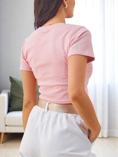 Royalfashion Dámsky bavlnený crop top s kamienkami v tvare mašle