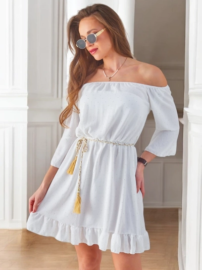 Royalfashion Dámske mini šaty s off-the-shoulder strihom, dlhými rukávmi a kamienkami