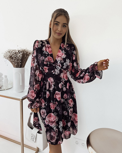 Royalfashion Čierno-ružové dámske kvetované mini šaty