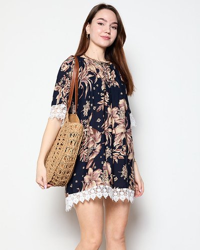 Dámska tmavomodrá blúzka s kvetmi PLUS VEĽKOSŤ - Oblečenie