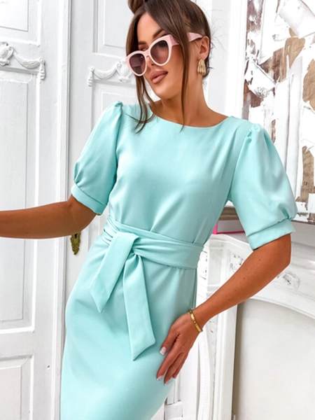 Royalfashion Dámske šaty po kolená s krátkymi puffovými rukávmi a opaskom
