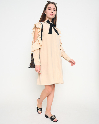 Béžové košeľové šaty s volánmi a mašľou - Oblečenie