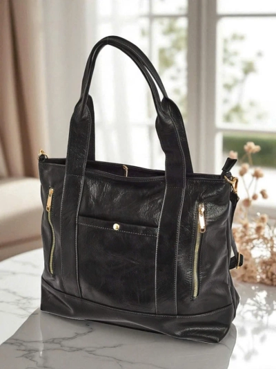 Ženska torbica iz eko usnja Nerina – črna shopper torba italijanskega stila z zadrgo