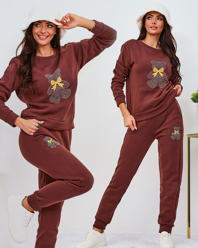 Royalfashion Hnedá dámska zateplená tepláková súprava s potlačou