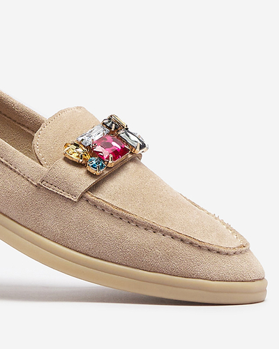 Svetlohnedé dámske mokasíny z eko semišu s ozdobnými kryštálmi Nellens- Obuv