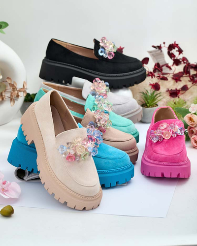 Svetlosivé dámske mokasíny s farebnými korálkami Hetika - Obuv