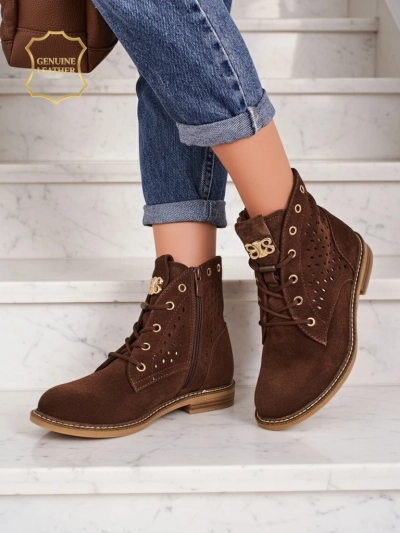 Aurelia Rjavi Semiš Gležnarji s Krznom Odprti Elegantni 2,5cm