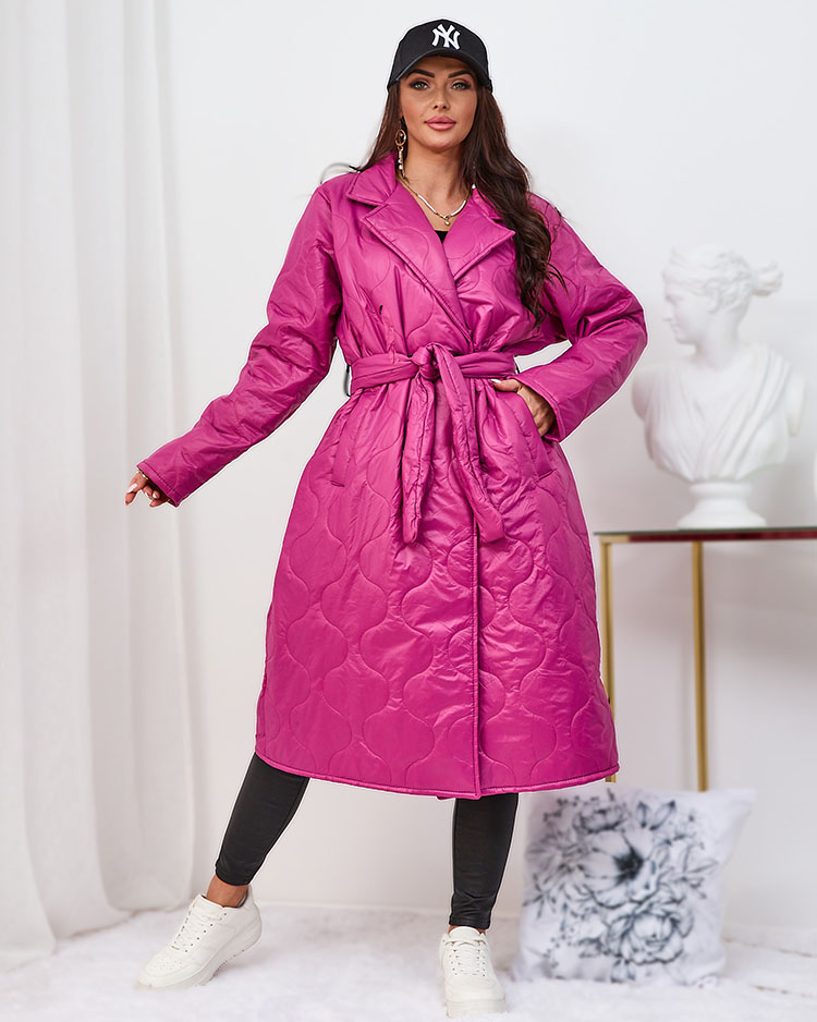 Royalfashion Dámsky prešívaný kabát s viazaním v ružovej farbe