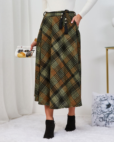 Royalfashion Svetlohnedá a zelená dámska károvaná midi sukňa