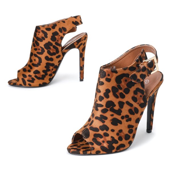 Brązowe botki na szpilce z wycięciami Sava w panterkę - Obuwie