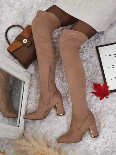 Ženski škornji čez koleno iz eko semiša s stebričasto peto Eldir