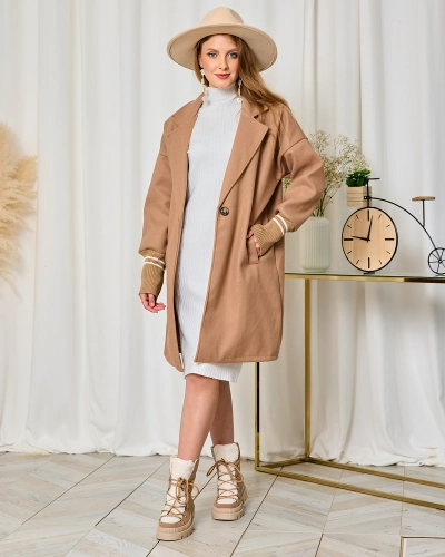 Royalfashion Dámsky kabát po kolená vo svetlohnedej farbe