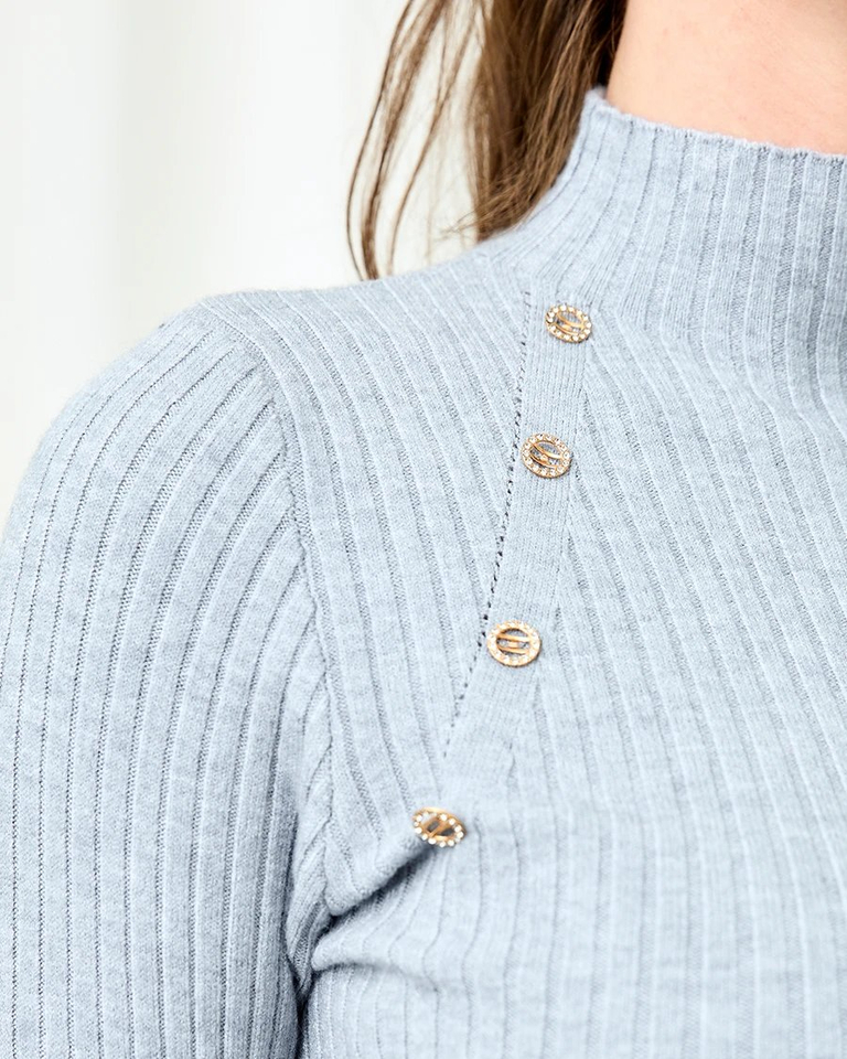 Royalfashion Šedý dámsky sveter so zlatými gombíkmi