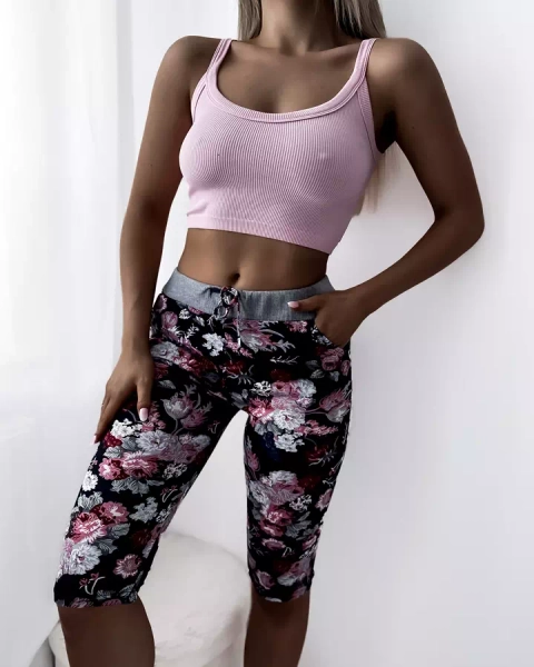 Dámske gaštanové 3/4 šortky s kvetinovým vzorom - Oblečenie