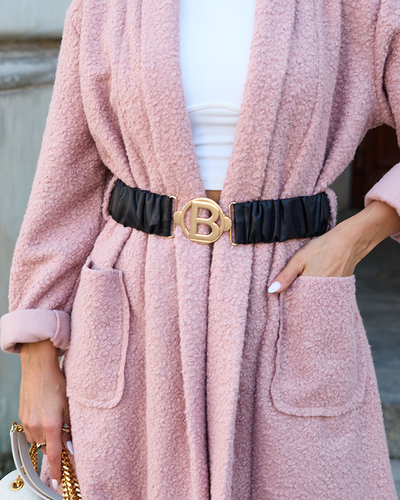 Royalfashion Ružový dámsky kabát z ovčej kože s opaskom