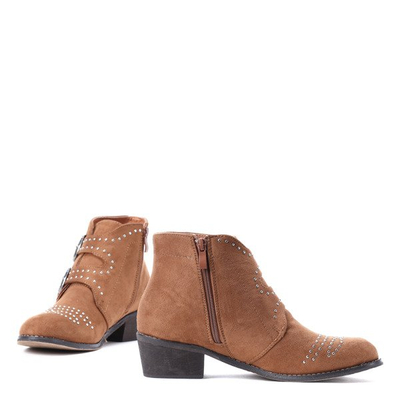 Brązowe botki na obcasie z dżetami Amelie- Obuwie