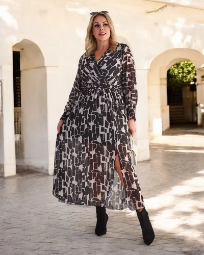 Royalfashion Čierno-béžové vzorované dámske maxi šaty