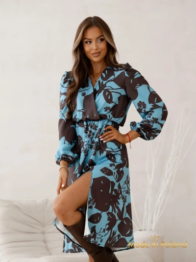 Sukienka Afrodyta Blu Oceano – modra midi, dolgi rokavi, klasičen stil