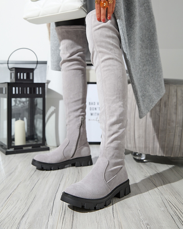 Sivé semišové čižmy nad kolená s plochými podpätkami Engi- Footwear