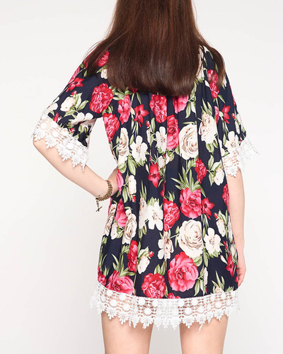 Námornícka modrá dámska blúzka s kvetmi PLUS VEĽKOSŤ - Oblečenie